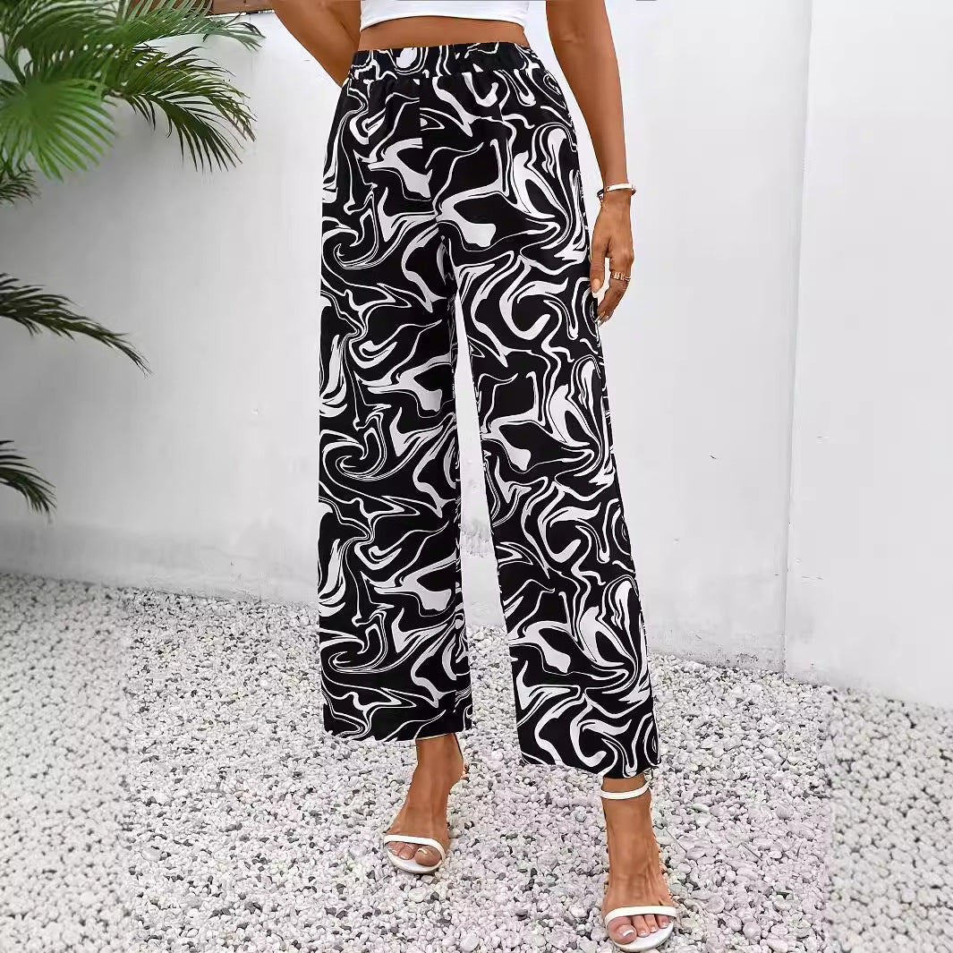 High-Waist Marble Print Straight-Leg Trousers