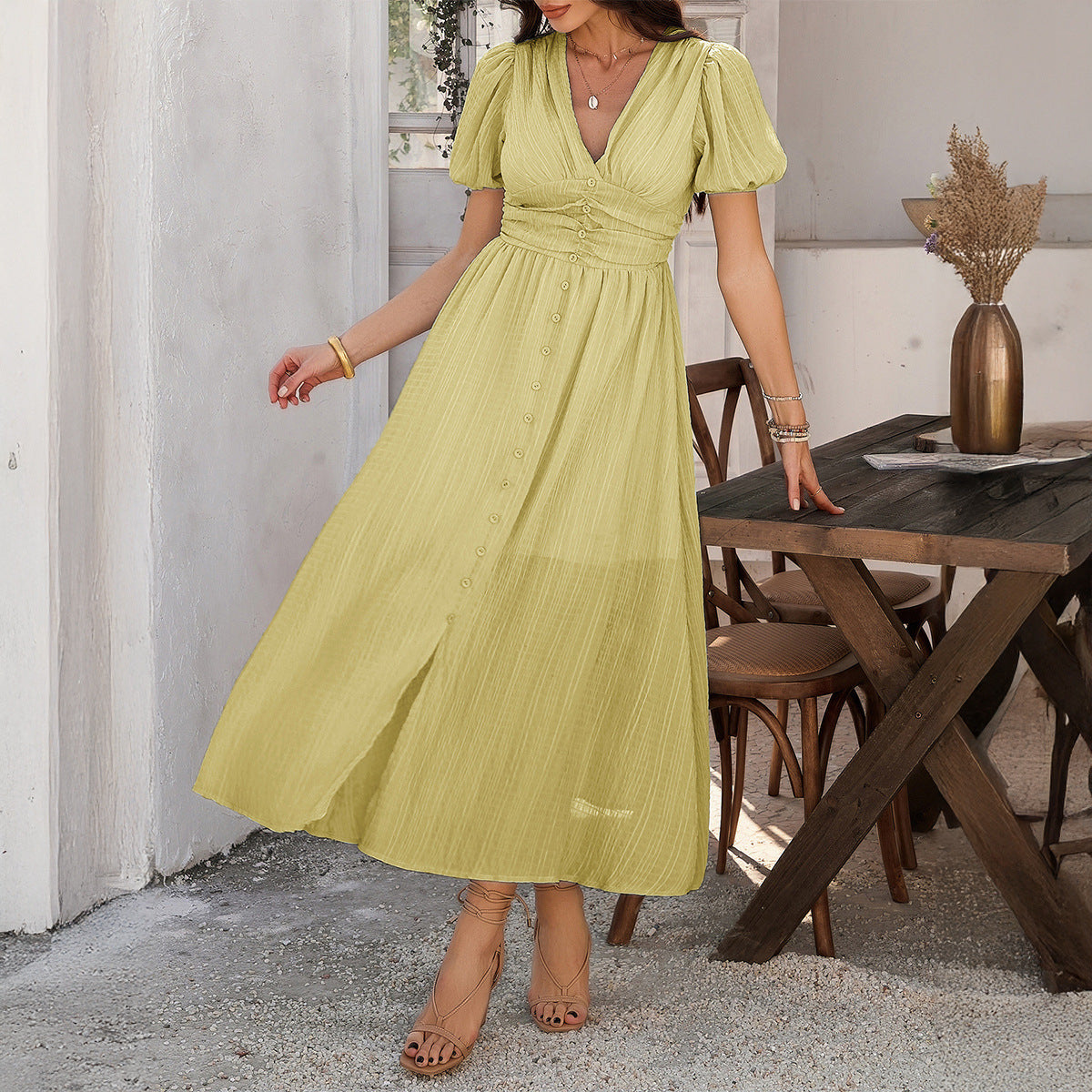 Split V-neck High Waist Maxi in Yellow - by Malbusaat