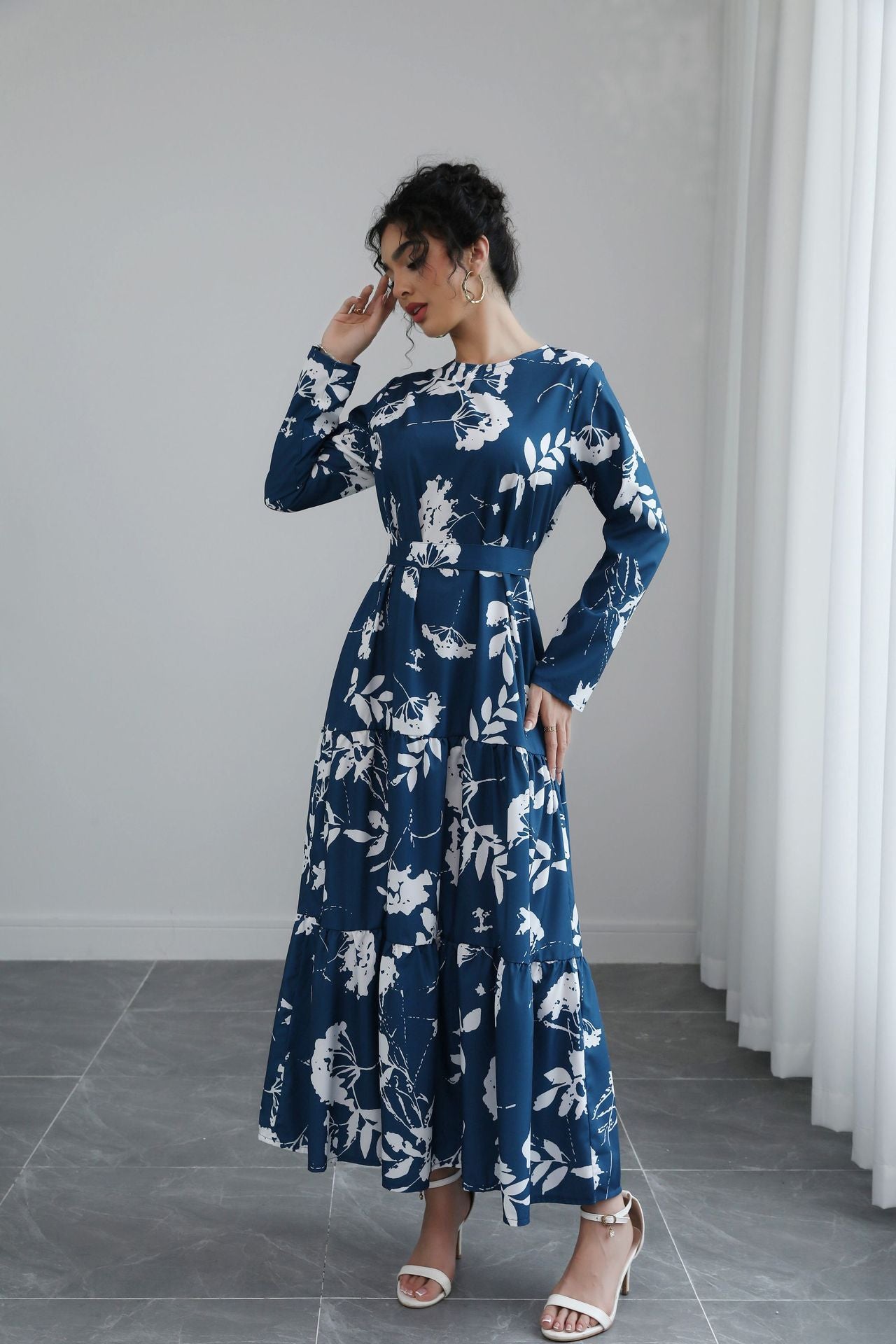 Blue French Waist Lace Up Midi Dress