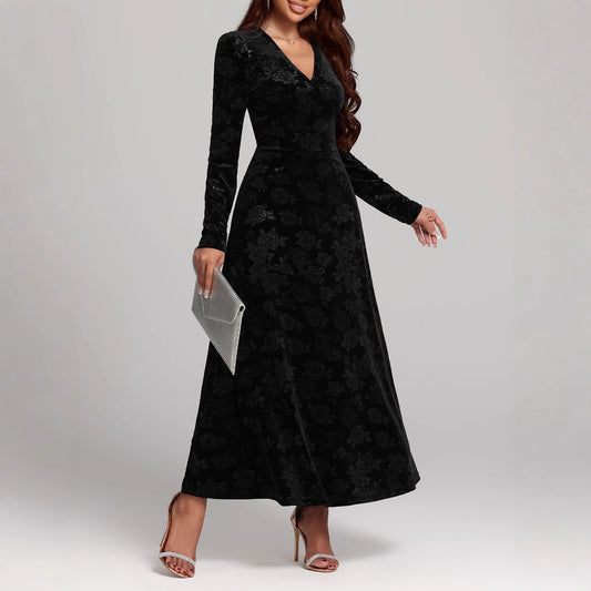 V-Neck Long Sleeve Pleuche Maxi