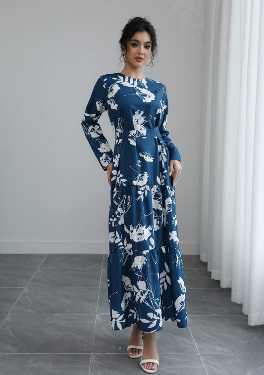 Blue French Waist Lace Up Midi Dress