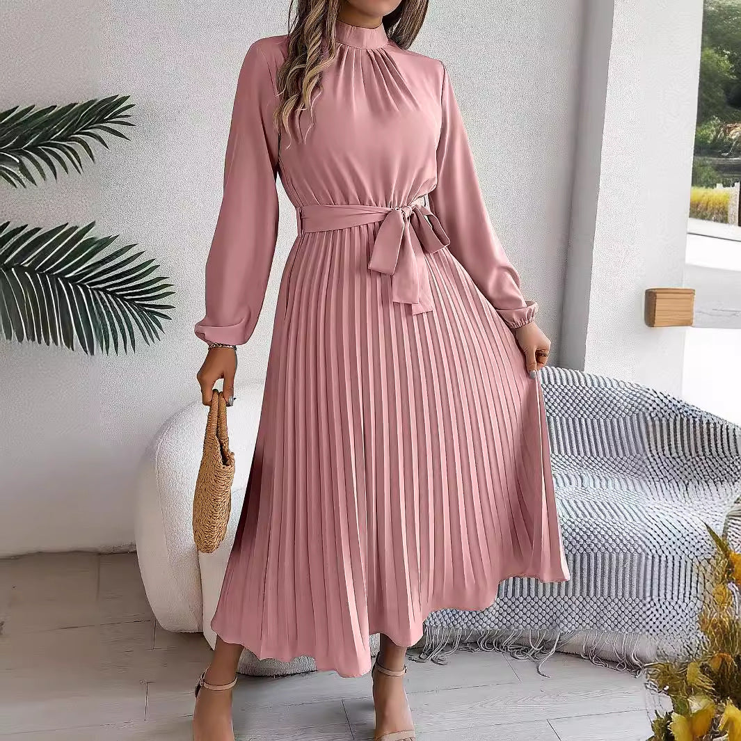 Elegant Stand Collar Pleated Maxi