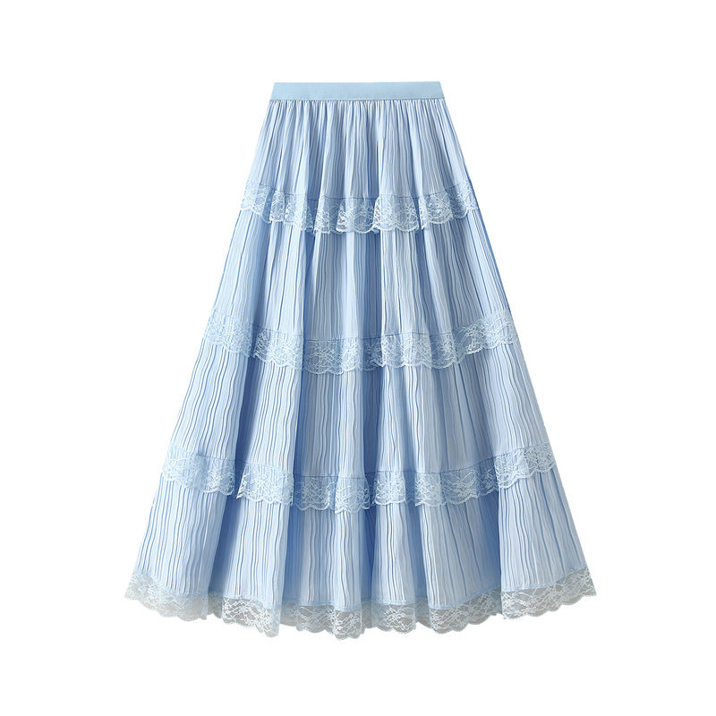 Lace Mesh Patchwork Tiered Ruffle Maxi Skirt in One Size Blue - by Malbusaat