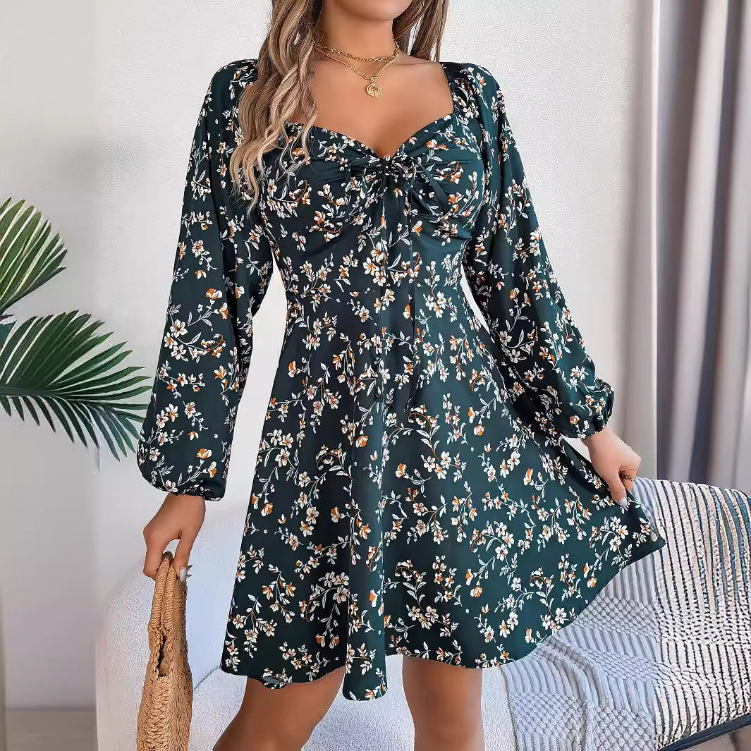 Floral Lacing Square Collar Dress