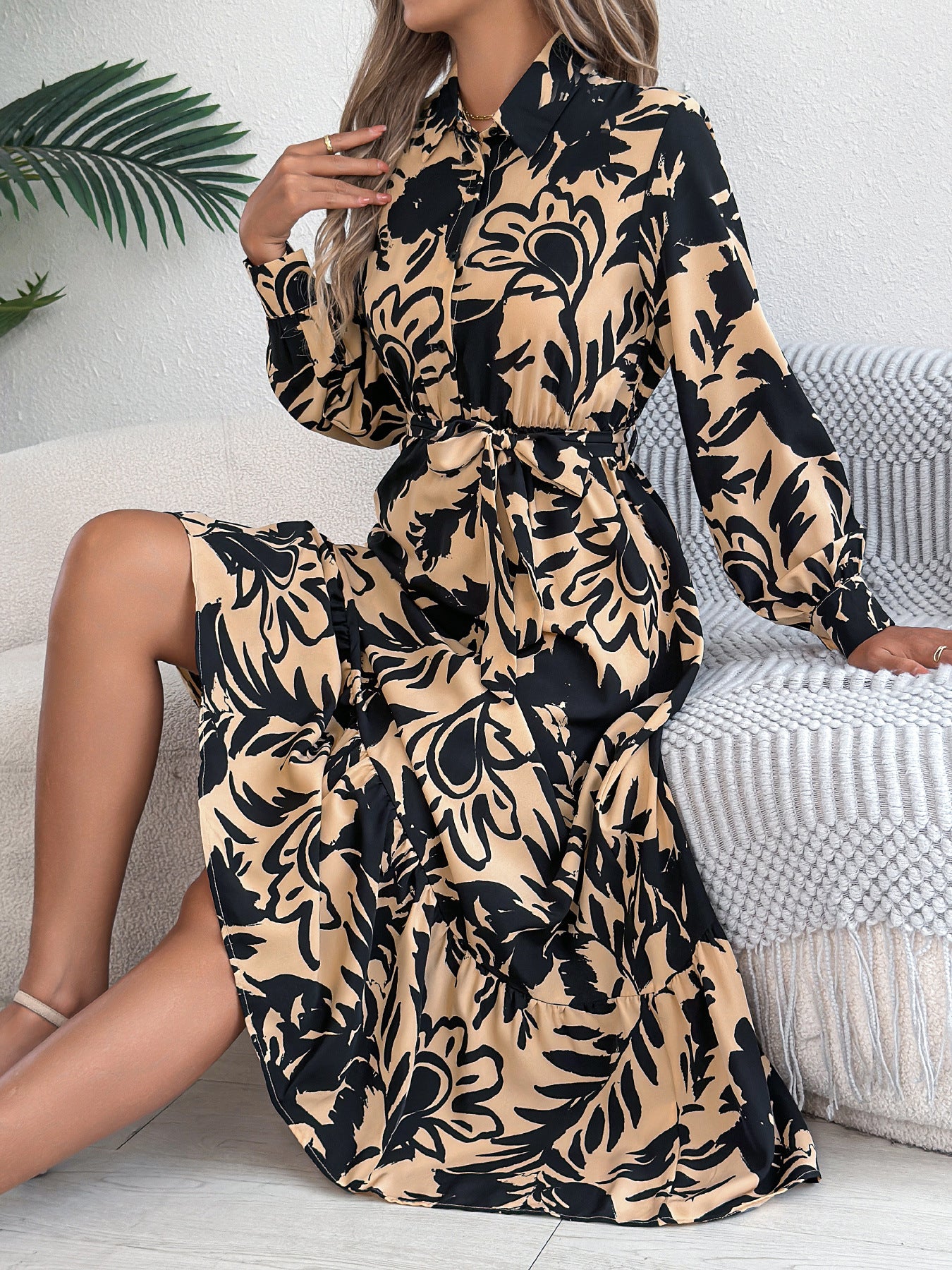 Elegant Floral Long Sleeve Shirt Dress
