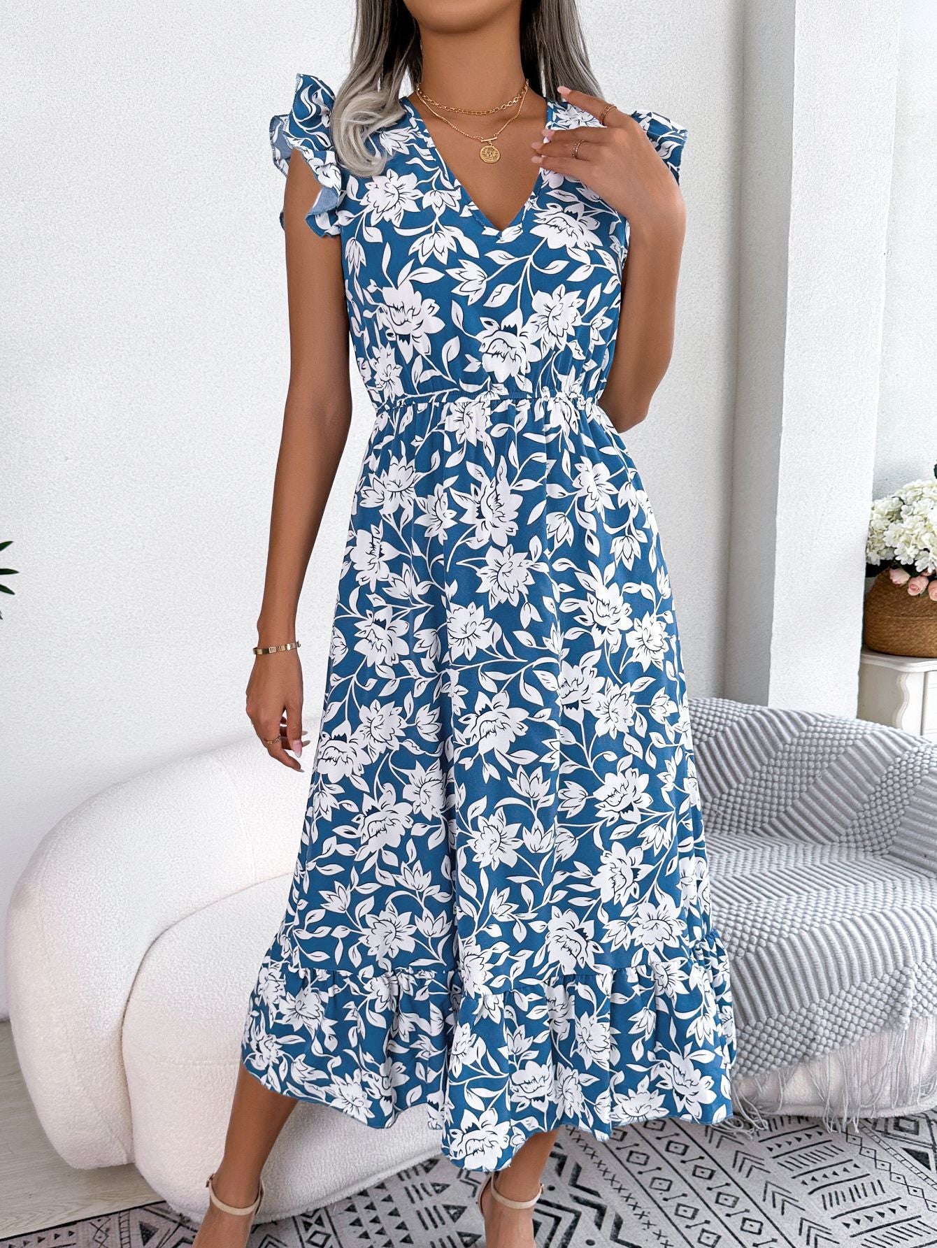 Boho Floral Maxi Dress - Ruffle Details