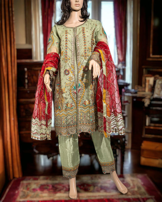 Shop Open Shirt Design Semi Formal Dress by Malbusaat, versatile Pakistani Dress at Malbusaat. Ready-made desi suits, Pakistani designer dresses online UK.