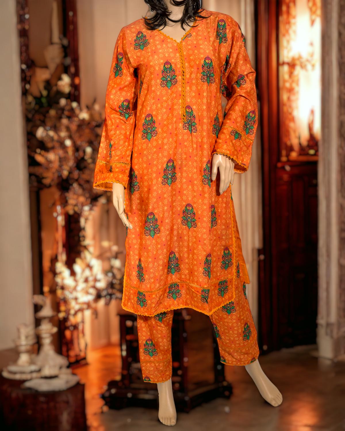 Shop Orange 2-Piece Dress Set by Malbusaat, versatile Pakistani Dress at Malbusaat. Ready-made desi suits, Pakistani designer dresses online UK.