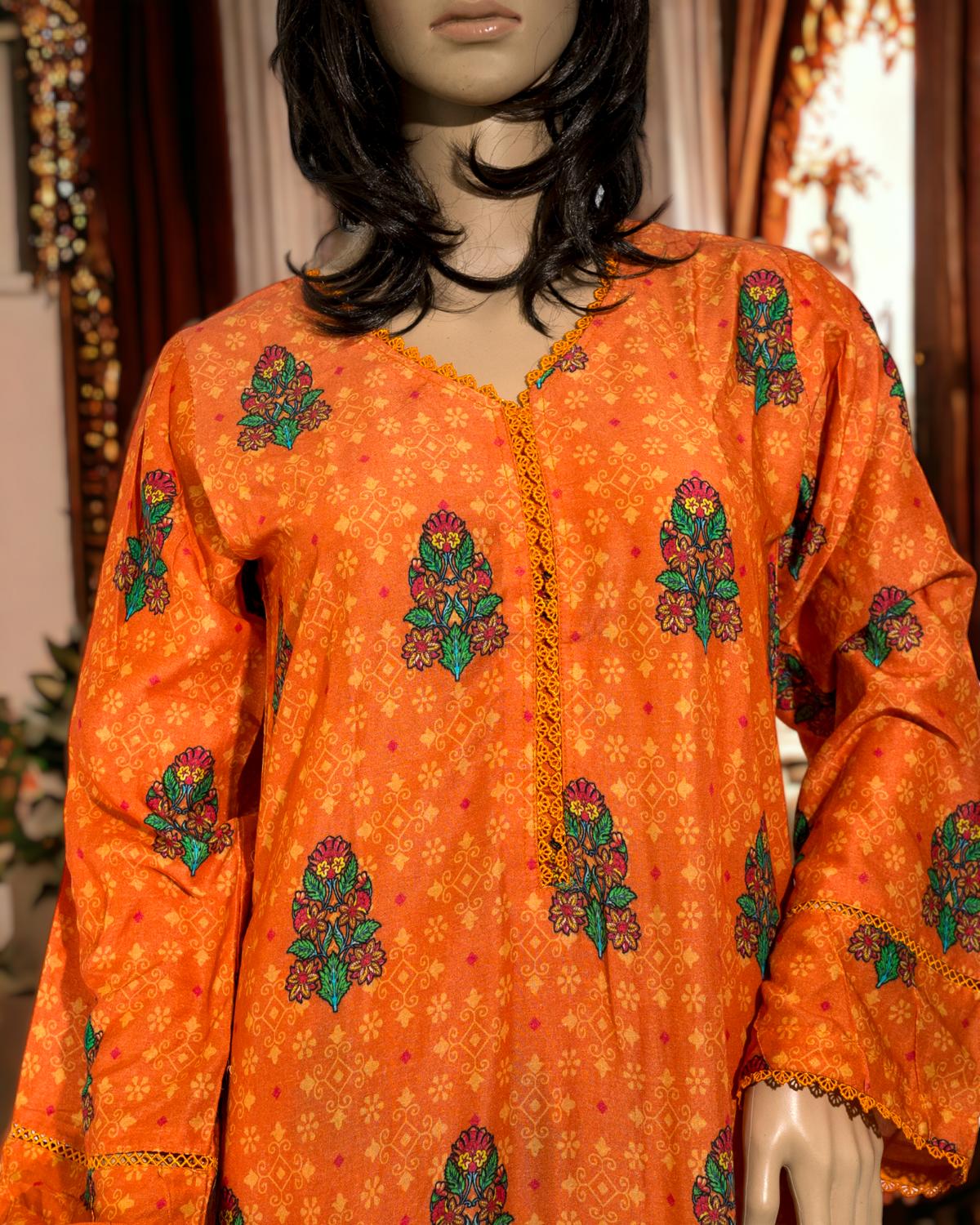 Shop Orange 2-Piece Dress Set by Malbusaat, versatile Pakistani Dress at Malbusaat. Ready-made desi suits, Pakistani designer dresses online UK.