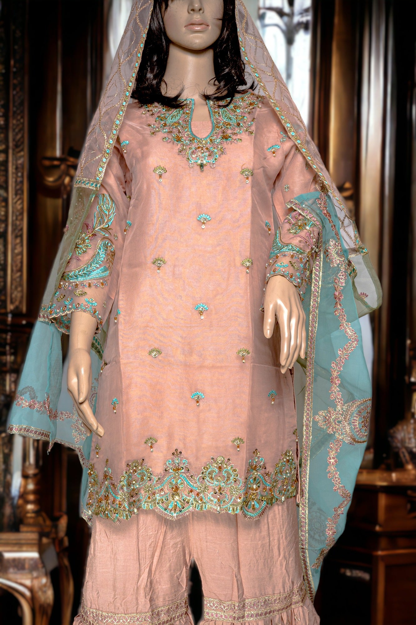 Shop PEACH SHARARA DRESS WITH ORGANZA DUPATTA by Malbusaat, versatile Pakistani Dress at Malbusaat. Ready-made desi suits, Pakistani designer dresses online UK.