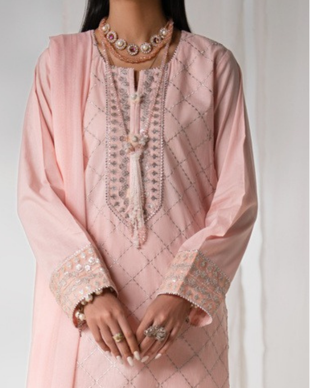 Shop Pastel Pink suit by Malbusaat, versatile Pakistani Dresses at Malbusaat. Ready-made desi suits, Pakistani designer dresses online UK.