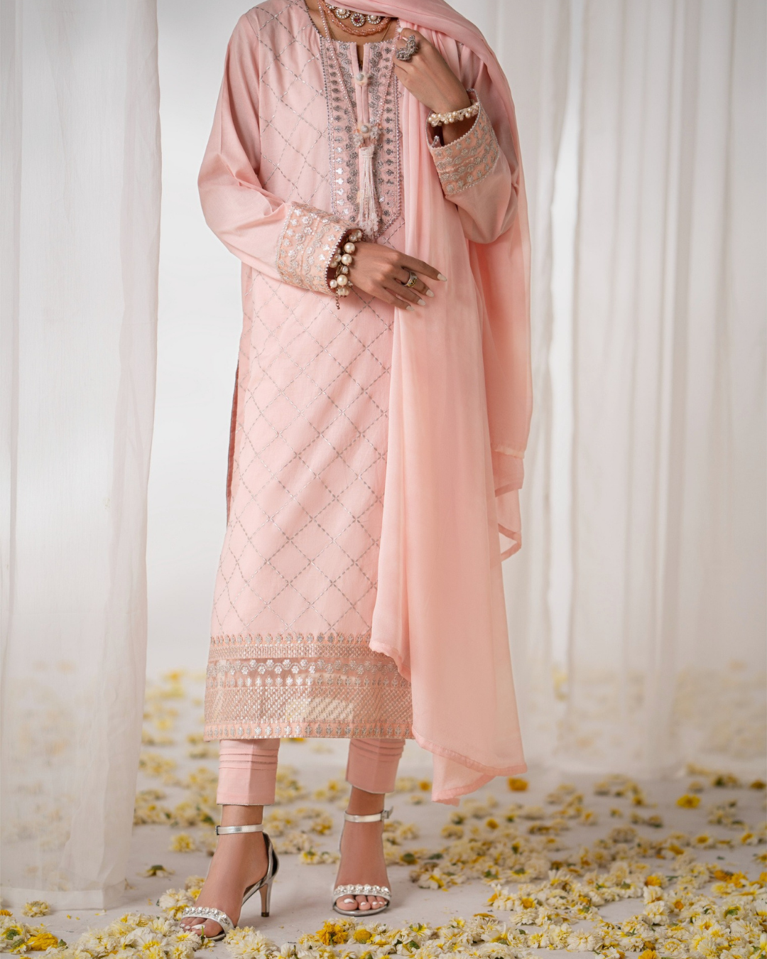 Shop Pastel Pink suit by Malbusaat, versatile Pakistani Dresses at Malbusaat. Ready-made desi suits, Pakistani designer dresses online UK.