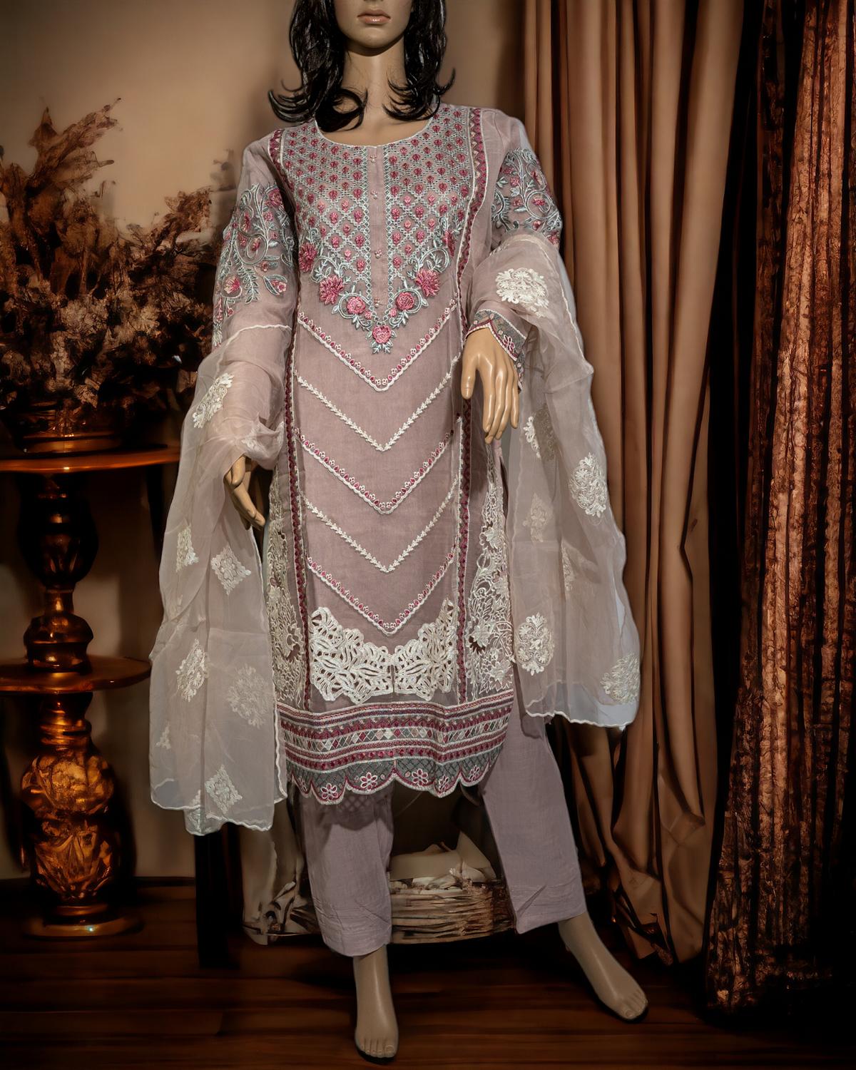 Shop Pink Embroidered 3-Piece Dress by Malbusaat, versatile Pakistani Dress at Malbusaat. Ready-made desi suits, Pakistani designer dresses online UK.