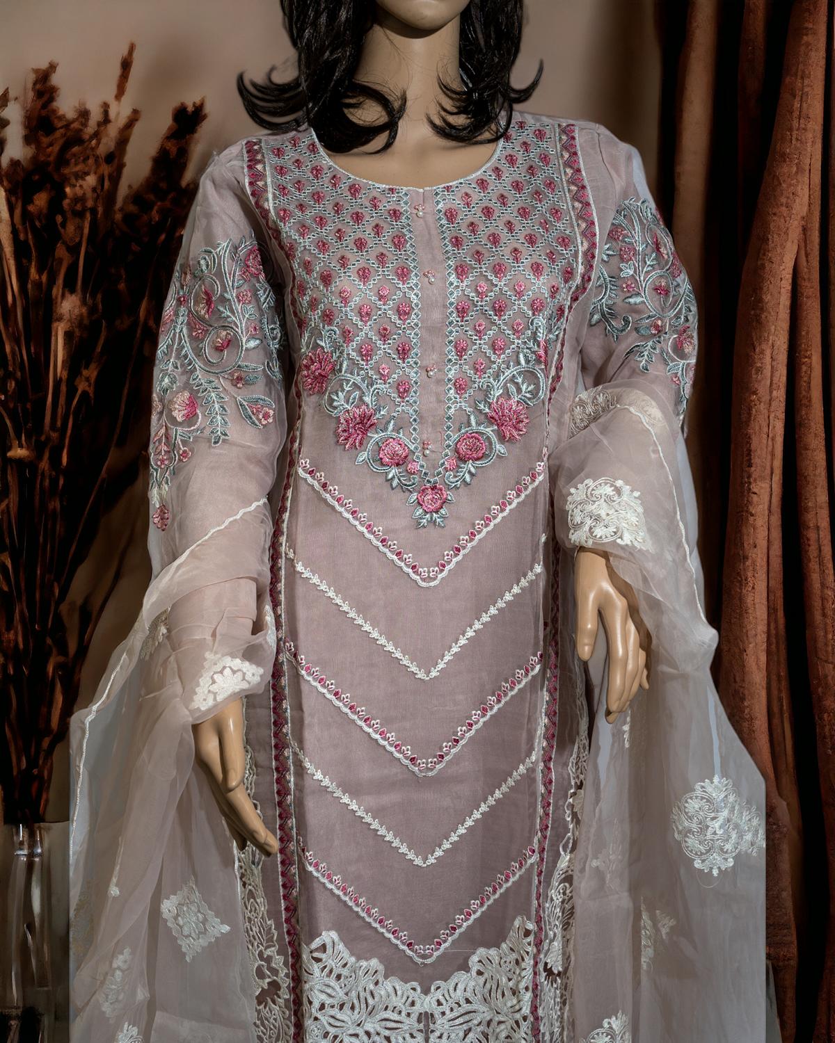 Shop Pink Embroidered 3-Piece Dress by Malbusaat, versatile Pakistani Dress at Malbusaat. Ready-made desi suits, Pakistani designer dresses online UK.