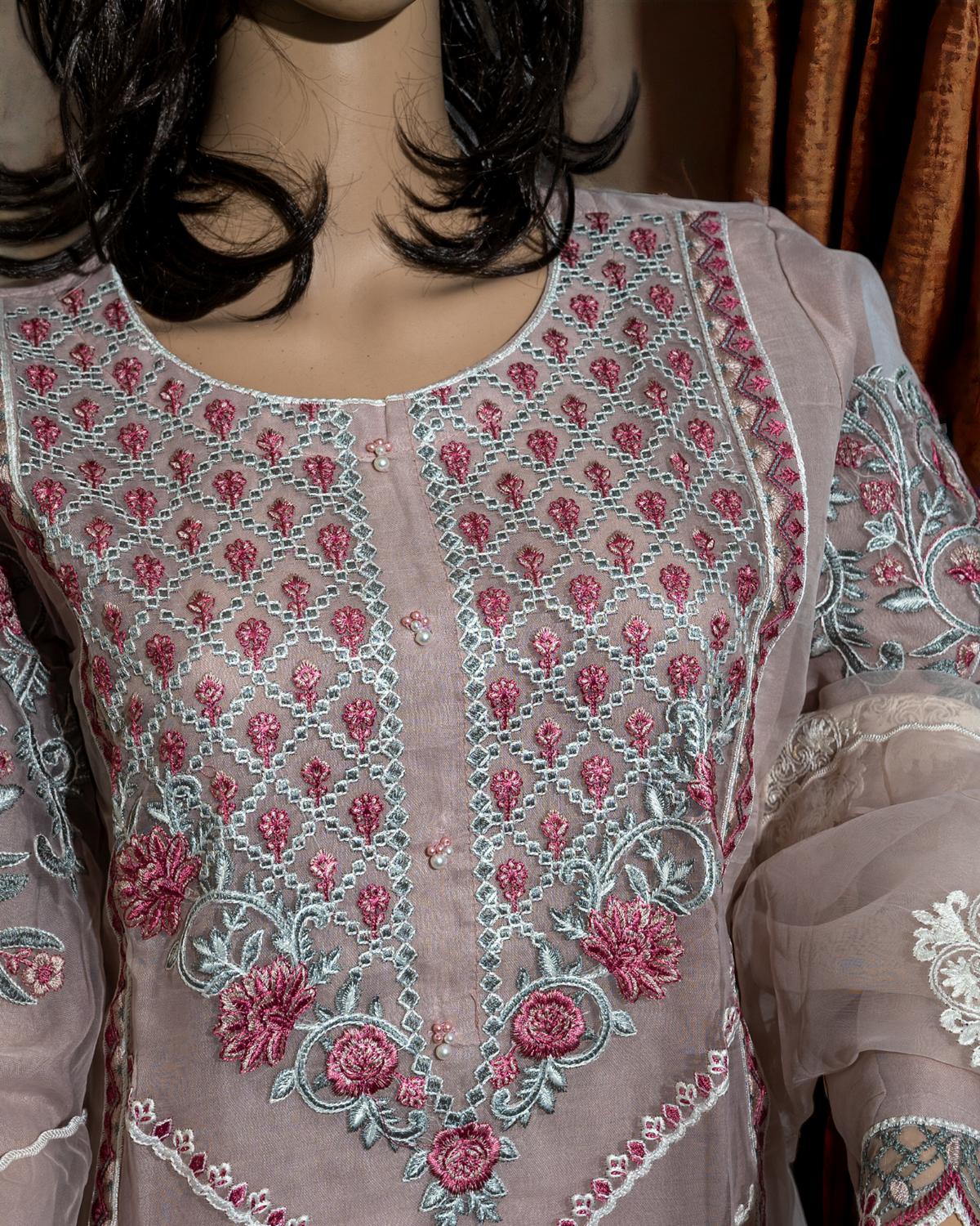 Shop Pink Embroidered 3-Piece Dress by Malbusaat, versatile Pakistani Dress at Malbusaat. Ready-made desi suits, Pakistani designer dresses online UK.