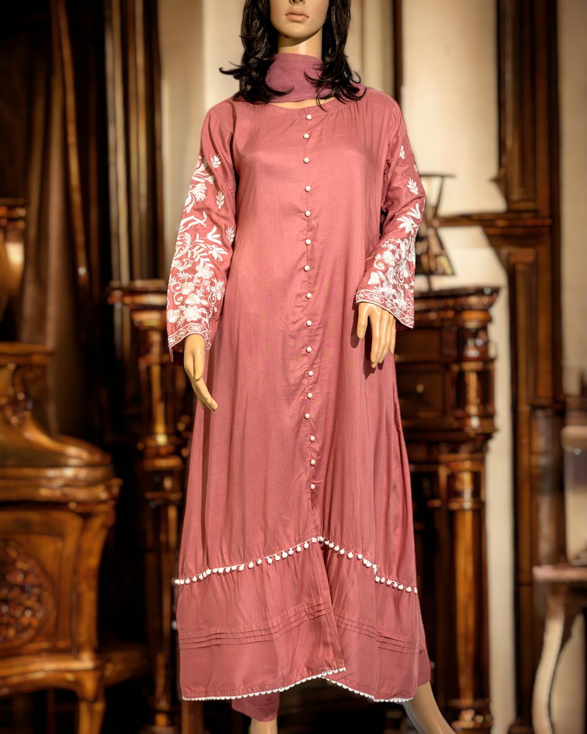 Shop Pink Long Maxi Dress by Malbusaat, versatile Pakistani Dress at Malbusaat. Ready-made desi suits, Pakistani designer dresses online UK.