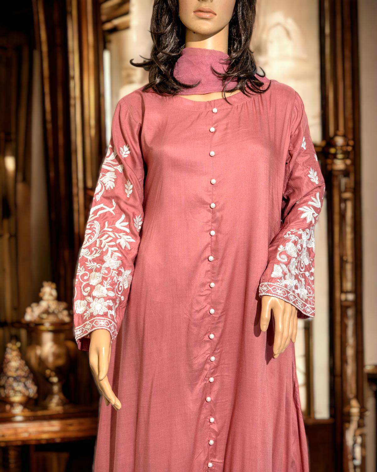 Shop Pink Long Maxi Dress by Malbusaat, versatile Pakistani Dress at Malbusaat. Ready-made desi suits, Pakistani designer dresses online UK.