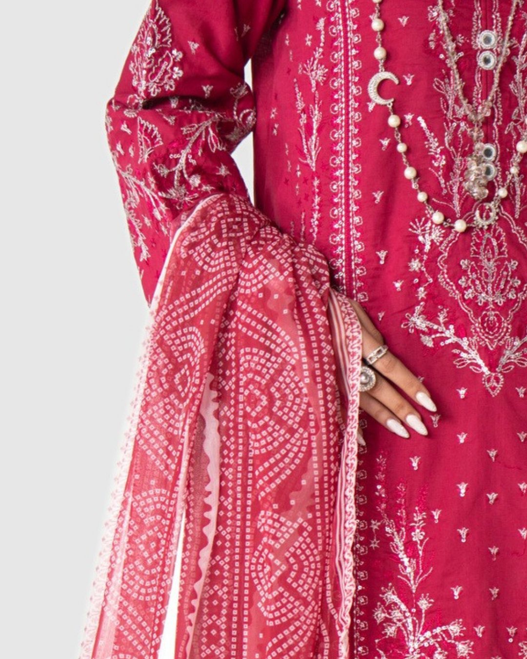 Shop Pink Traditional Outfit with Dupatta by Malbusaat, versatile Pakistani Dresses at Malbusaat. Ready-made desi suits, Pakistani designer dresses online UK.