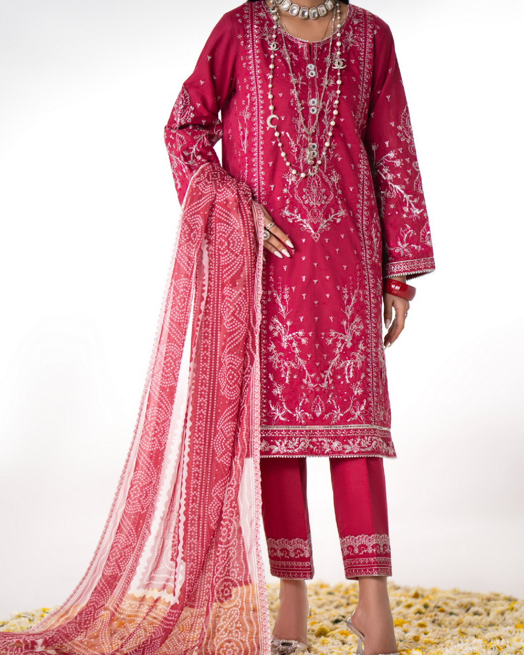 Shop Pink Traditional Outfit with Dupatta by Malbusaat, versatile Pakistani Dresses at Malbusaat. Ready-made desi suits, Pakistani designer dresses online UK.