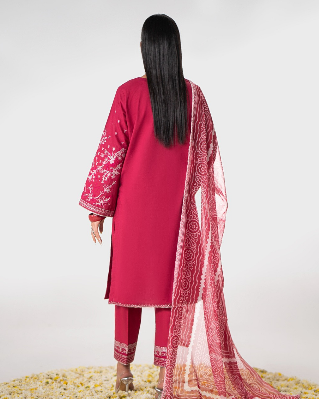 Shop Pink Traditional Outfit with Dupatta by Malbusaat, versatile Pakistani Dresses at Malbusaat. Ready-made desi suits, Pakistani designer dresses online UK.