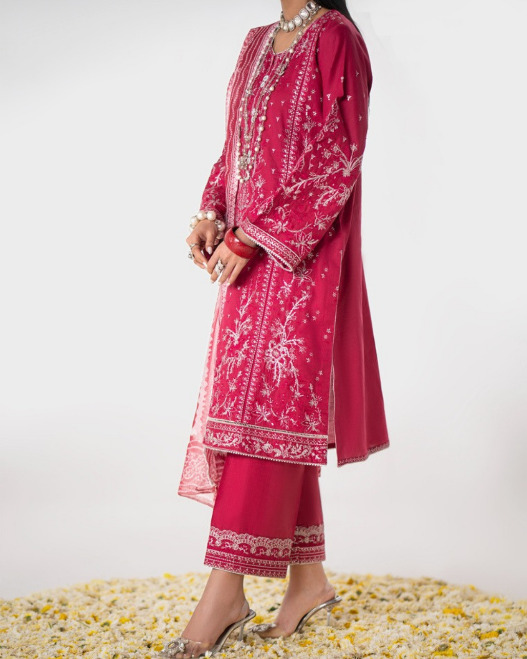 Shop Pink Traditional Outfit with Dupatta by Malbusaat, versatile Pakistani Dresses at Malbusaat. Ready-made desi suits, Pakistani designer dresses online UK.