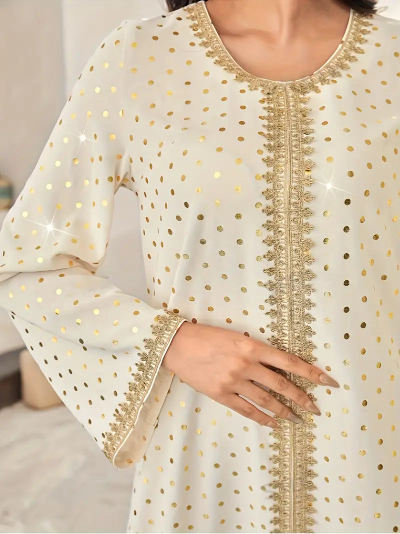 Shop Polka Dot Print Crew Neck Kaftan Dress by Malbusaat, versatile  at Malbusaat. Ready-made desi suits, Pakistani designer dresses online UK.