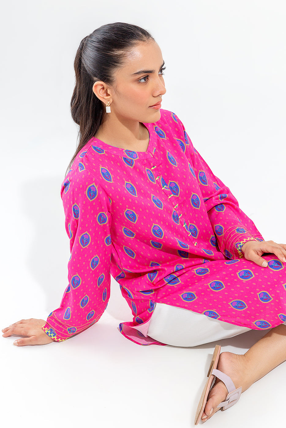 Shop Printed Viscose Shirt with Hand worked Details by Malbusaat, versatile Pakistani Dress at Malbusaat. Ready-made desi suits, Pakistani designer dresses online UK.