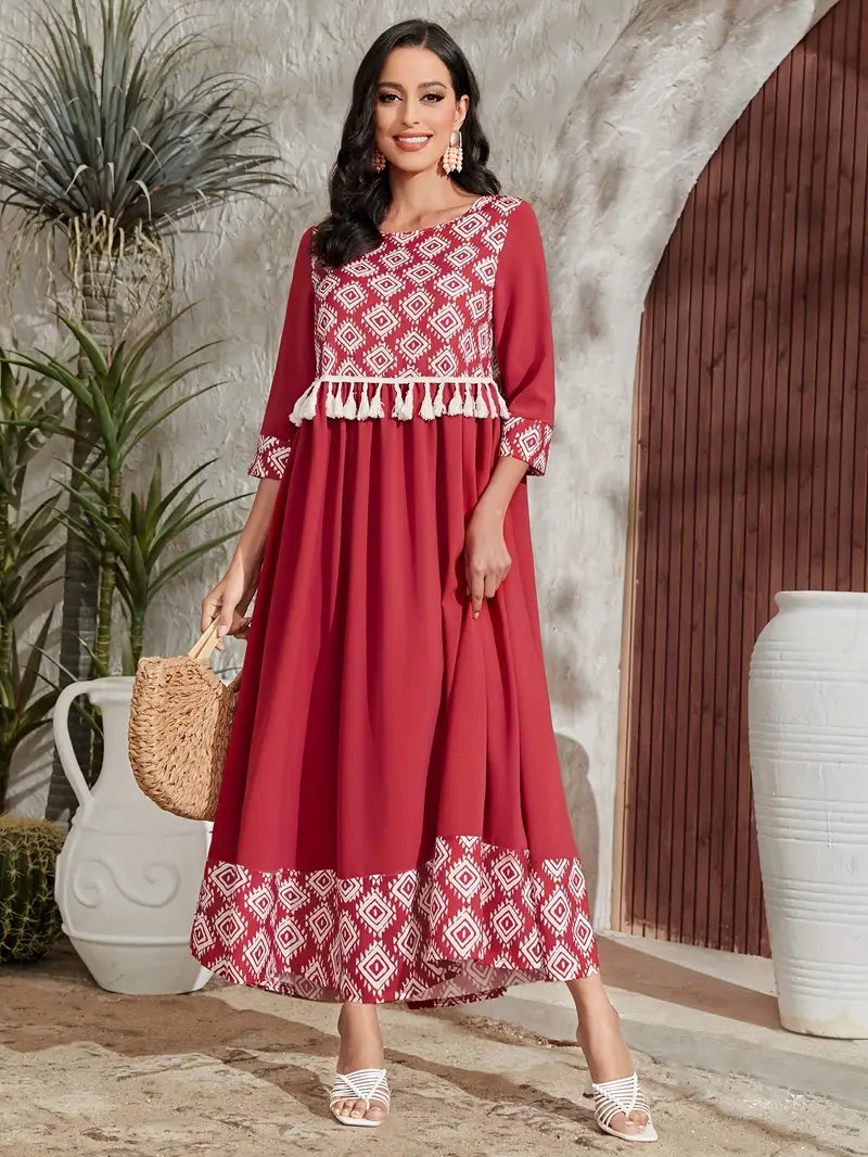 Shop Red Geometric-Pattern Maxi Dress with Tassel Detail by Malbusaat, versatile Maxi Dress at Malbusaat. Ready-made desi suits, Pakistani designer dresses online UK.