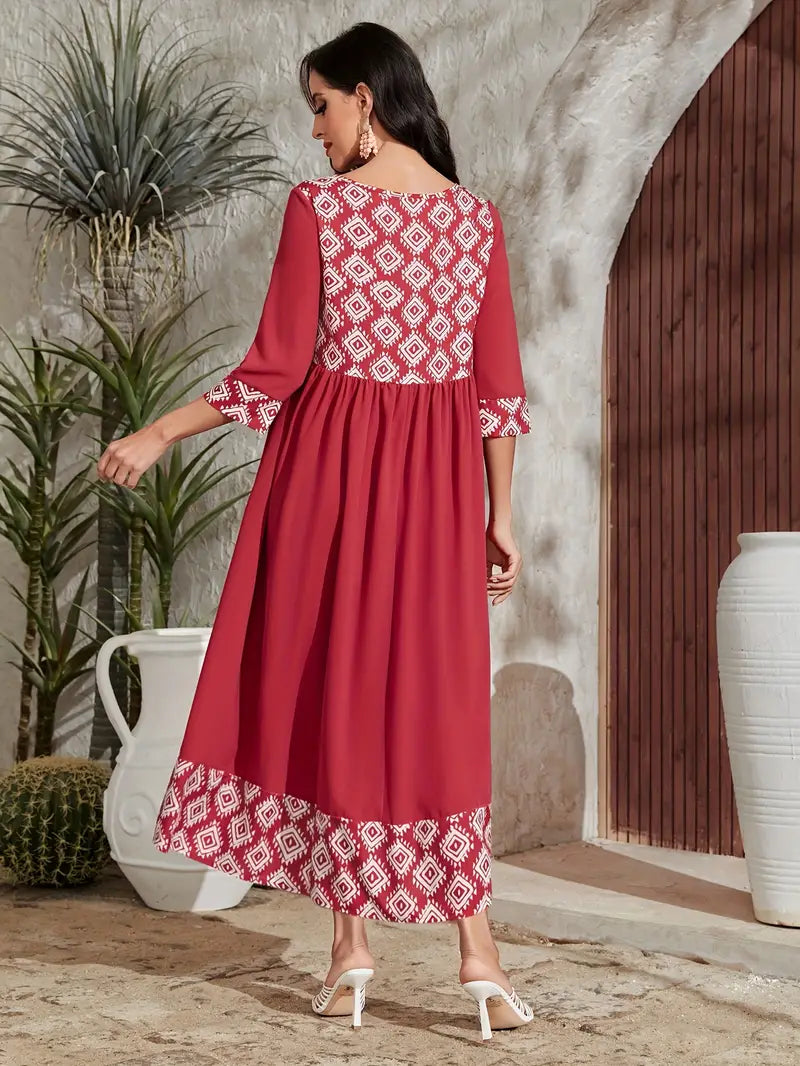 Shop Red Geometric-Pattern Maxi Dress with Tassel Detail by Malbusaat, versatile Maxi Dress at Malbusaat. Ready-made desi suits, Pakistani designer dresses online UK.