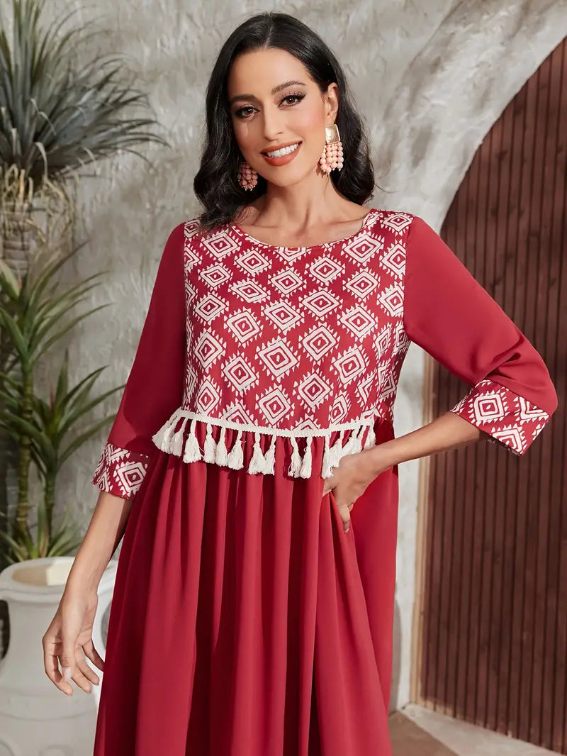 Shop Red Geometric-Pattern Maxi Dress with Tassel Detail by Malbusaat, versatile Maxi Dress at Malbusaat. Ready-made desi suits, Pakistani designer dresses online UK.