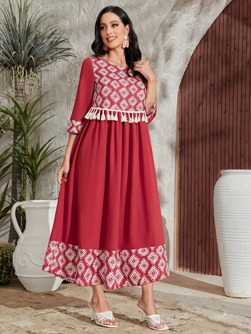 Shop Red Geometric-Pattern Maxi Dress with Tassel Detail by Malbusaat, versatile Maxi Dress at Malbusaat. Ready-made desi suits, Pakistani designer dresses online UK.