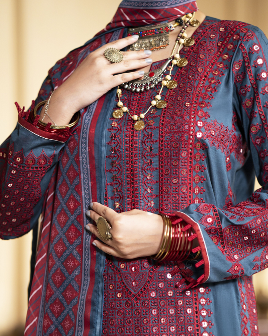 Red and Blue Traditional Suit in - Pakistani Dresses by Malbusaat