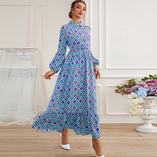 Shop Retro Waist Blue Long Sleeve A Line Maxi by Malbusaat, versatile Dresses at Malbusaat. Ready-made desi suits, Pakistani designer dresses online UK.