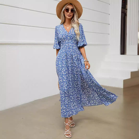 Royal Blue Floral Lantern Sleeve Maxi Dress in - by Malbusaat