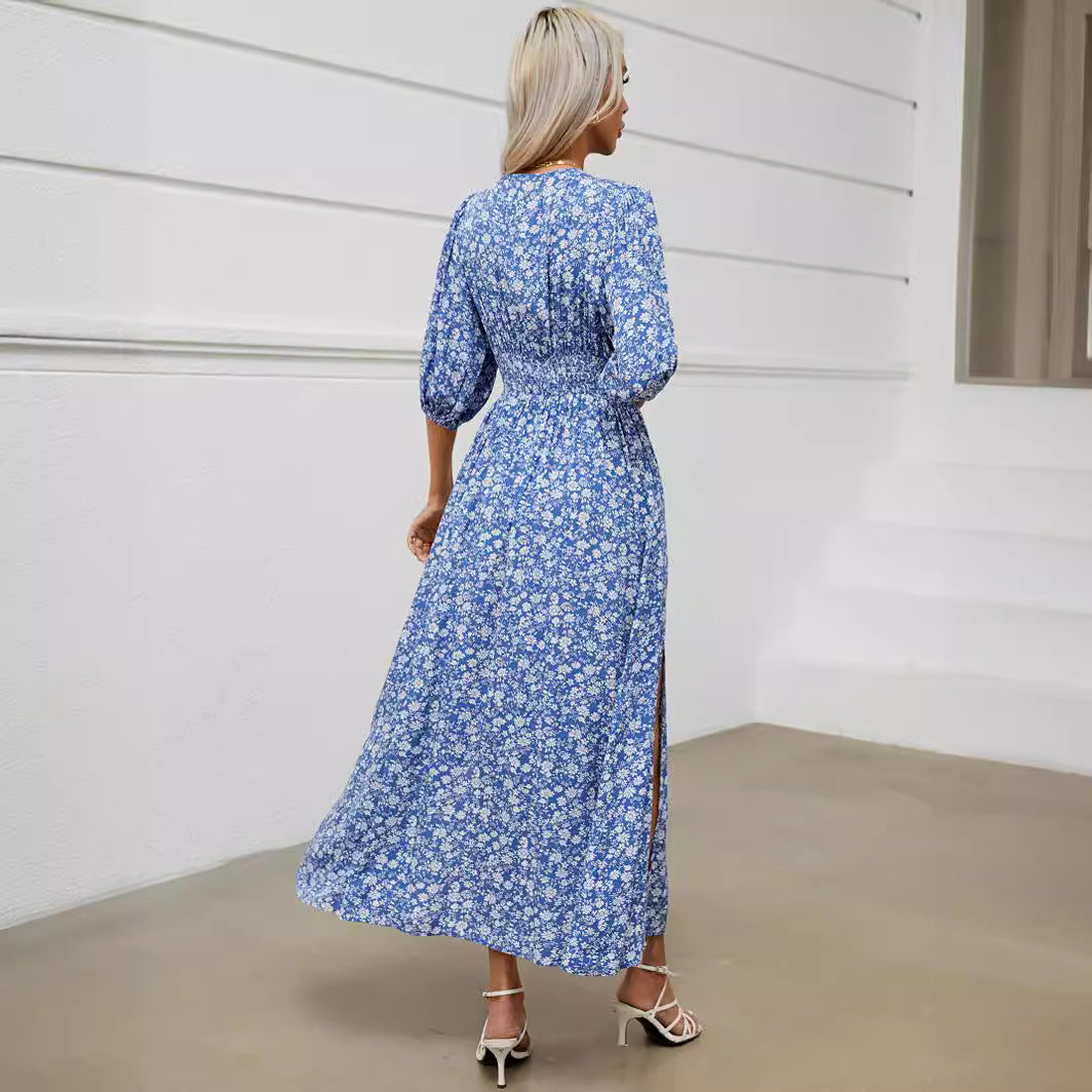 Shop Royal Blue Floral Lantern Sleeve Maxi Dress by Malbusaat, versatile  at Malbusaat. Ready-made desi suits, Pakistani designer dresses online UK.