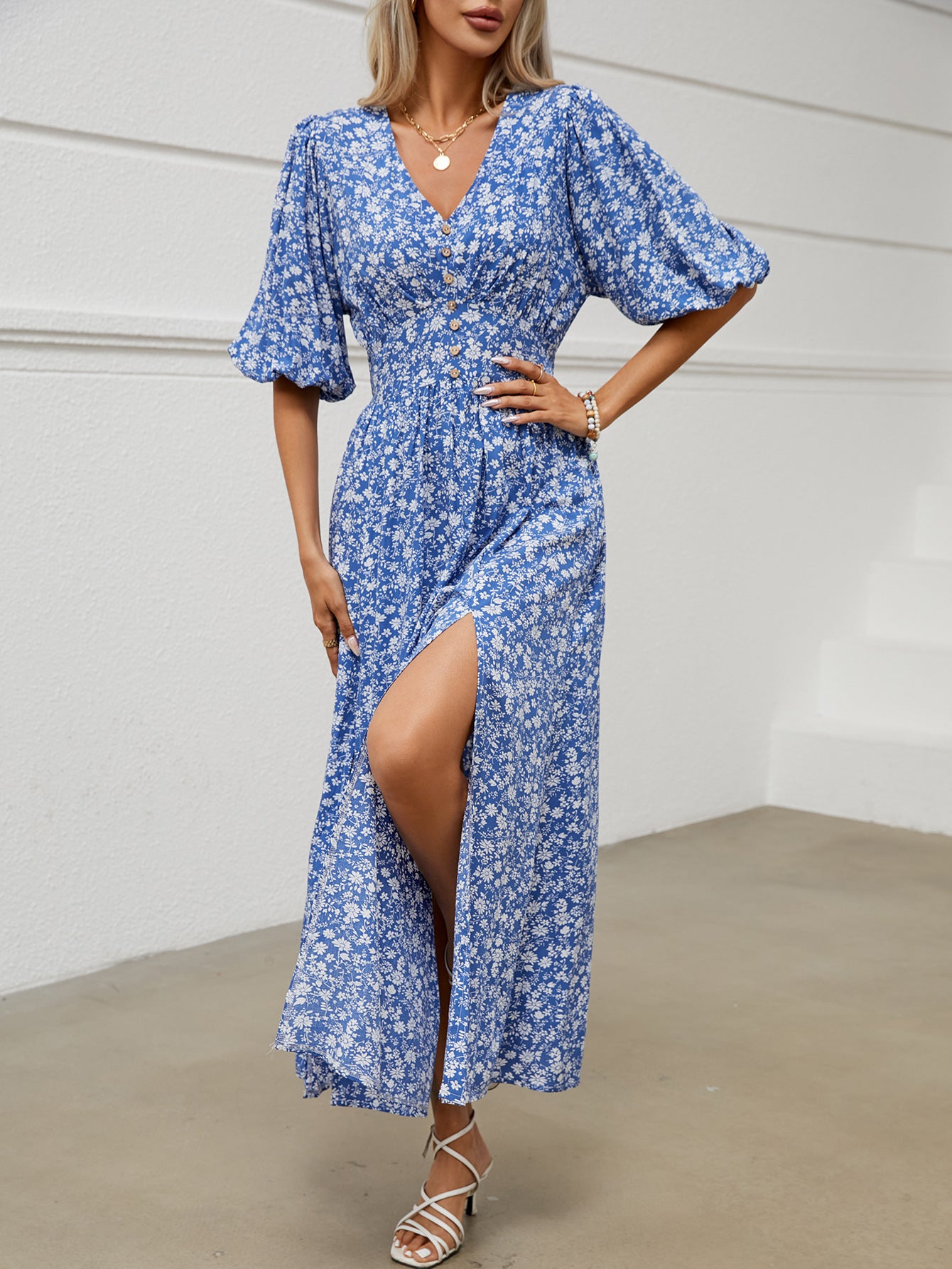 Royal Blue Floral Lantern Sleeve Maxi Dress in - by Malbusaat