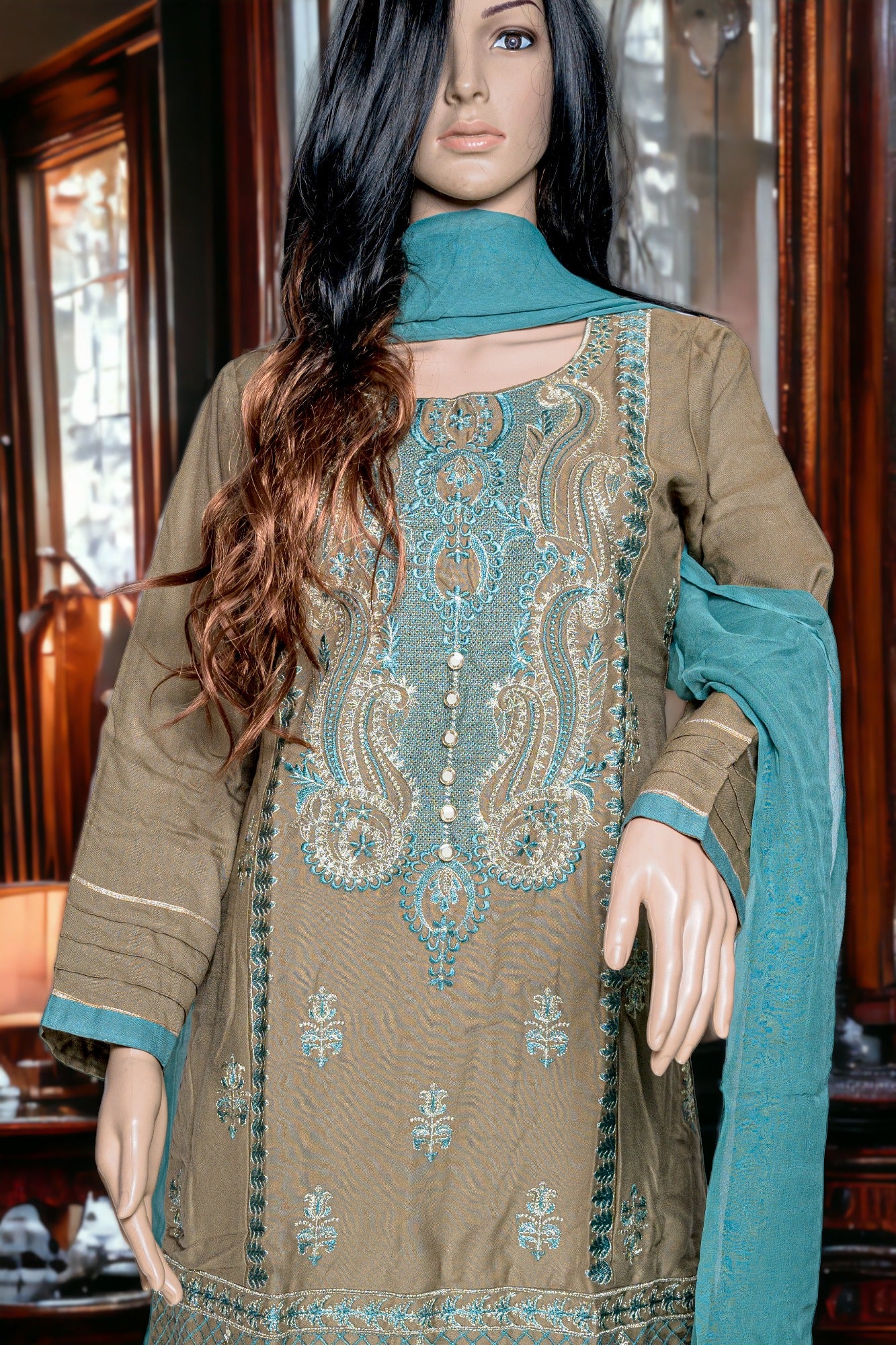 Shop SEMI-FORMAL EMBROIDERED LINEN DRESS by Malbusaat, versatile Pakistani Dress at Malbusaat. Ready-made desi suits, Pakistani designer dresses online UK.