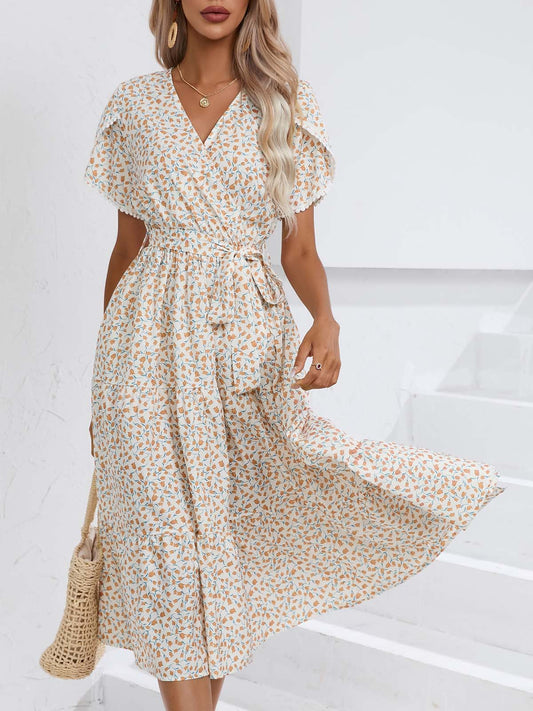 Small Floral Split V-Neck Summer Dress in - by Malbusaat