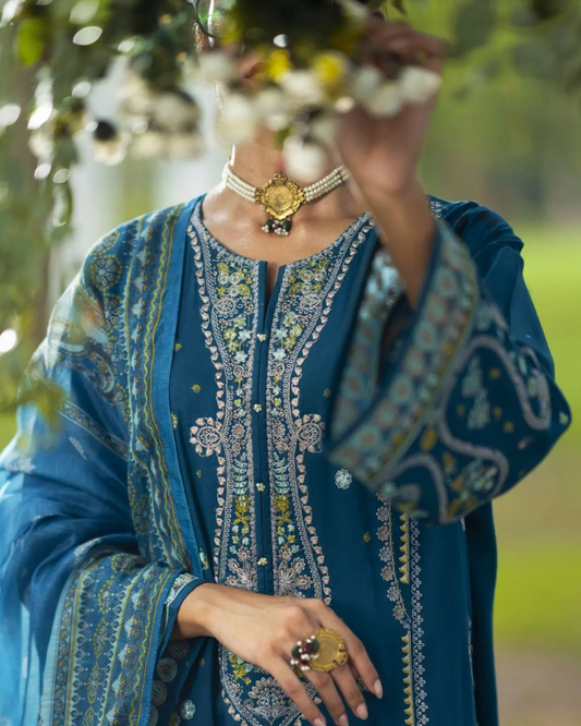 Teal Blue Linen 3-Piece Dress in - Pakistani Dresses by Malbusaat