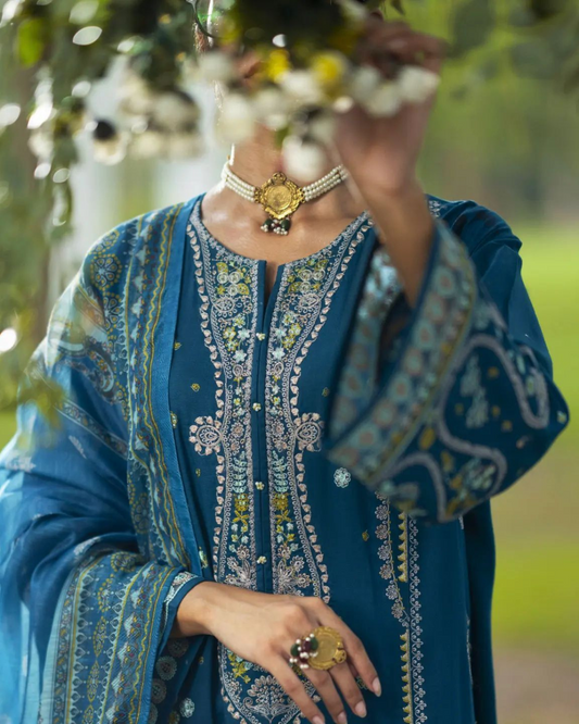 Shop Teal Blue Linen 3-Piece Dress by Malbusaat, versatile Pakistani Dresses at Malbusaat. Ready-made desi suits, Pakistani designer dresses online UK.