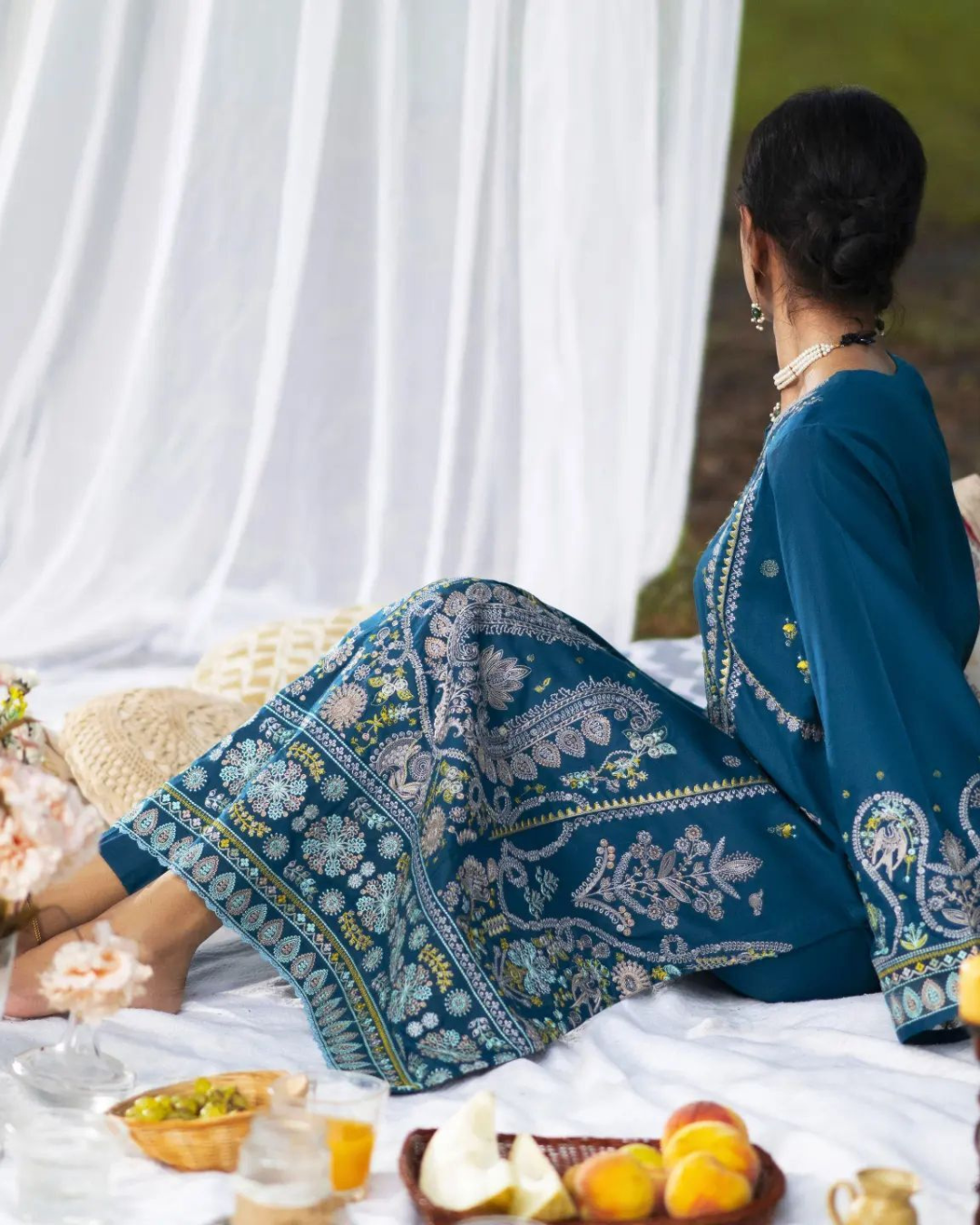 Shop Teal Blue Linen 3-Piece Dress by Malbusaat, versatile Pakistani Dresses at Malbusaat. Ready-made desi suits, Pakistani designer dresses online UK.