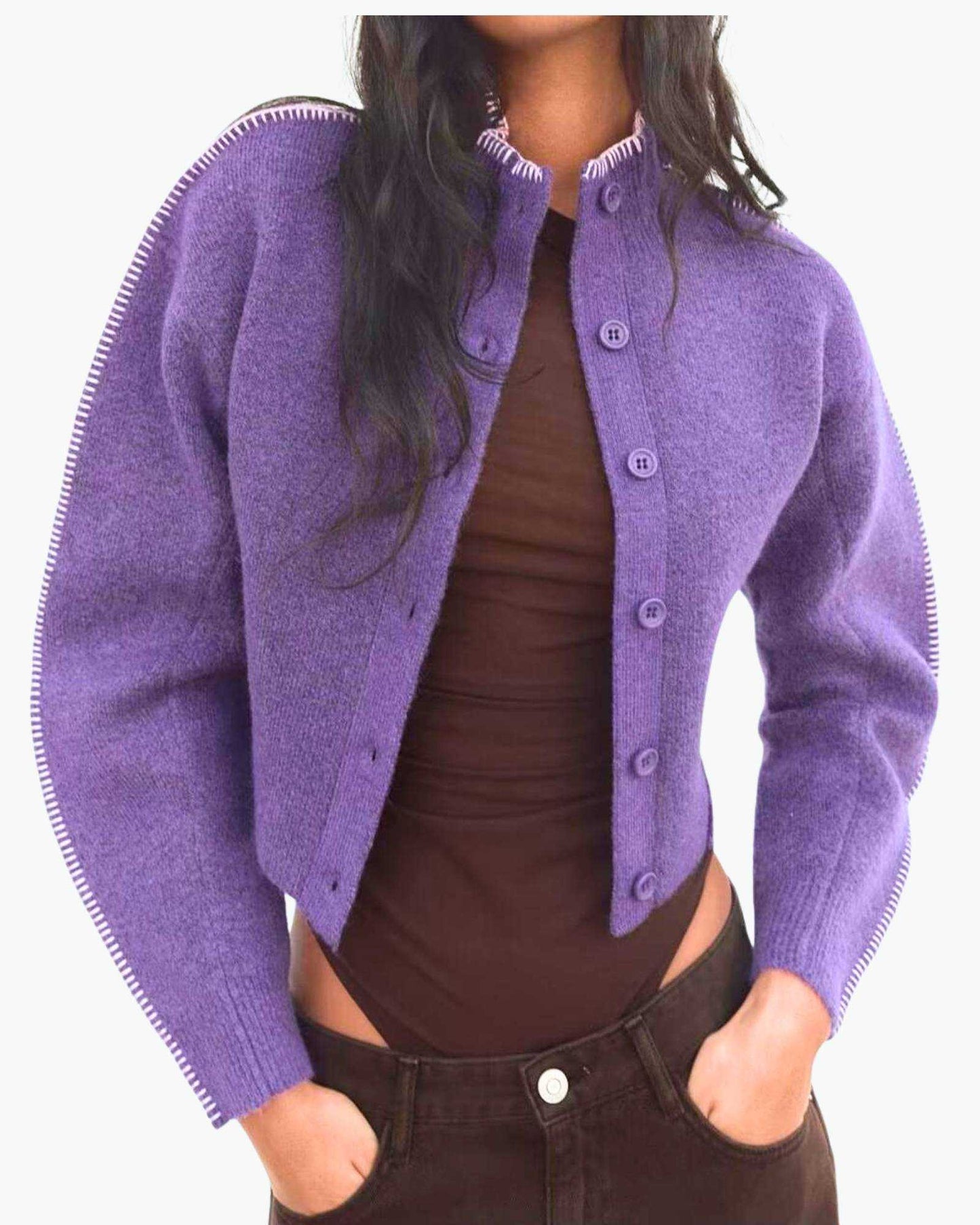 Purple High Collar Knit Cardigan