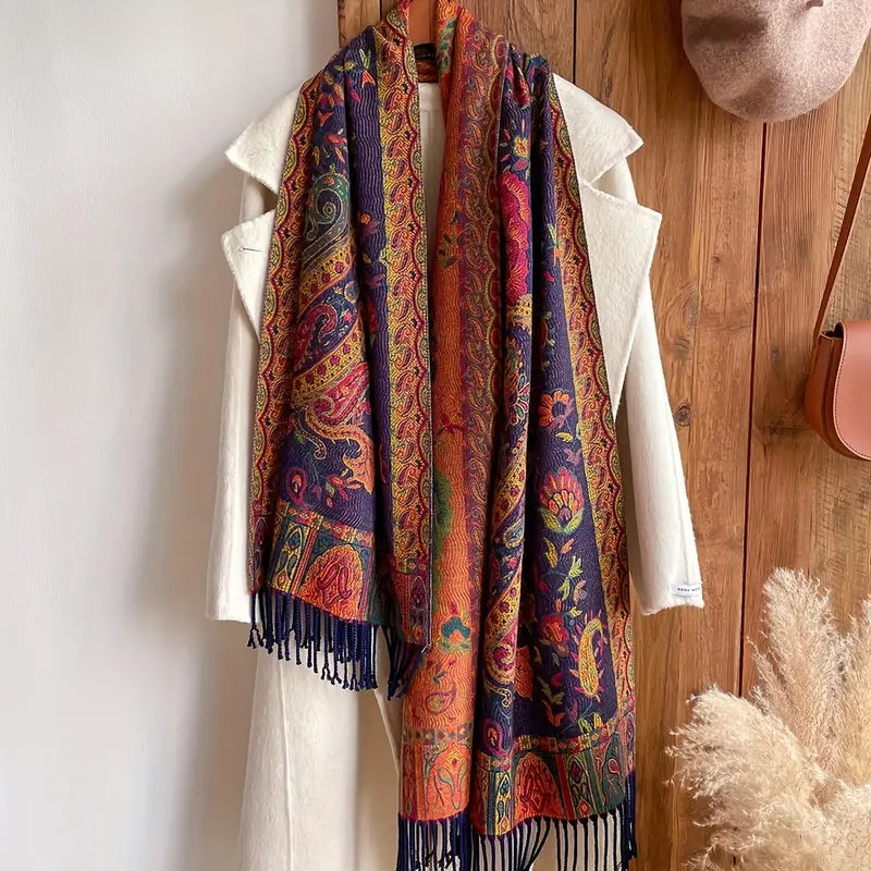 Shop Vintage Paisley Jacquard Tassel Scarf by Malbusaat, versatile Scarves at Malbusaat. Ready-made desi suits, Pakistani designer dresses online UK.