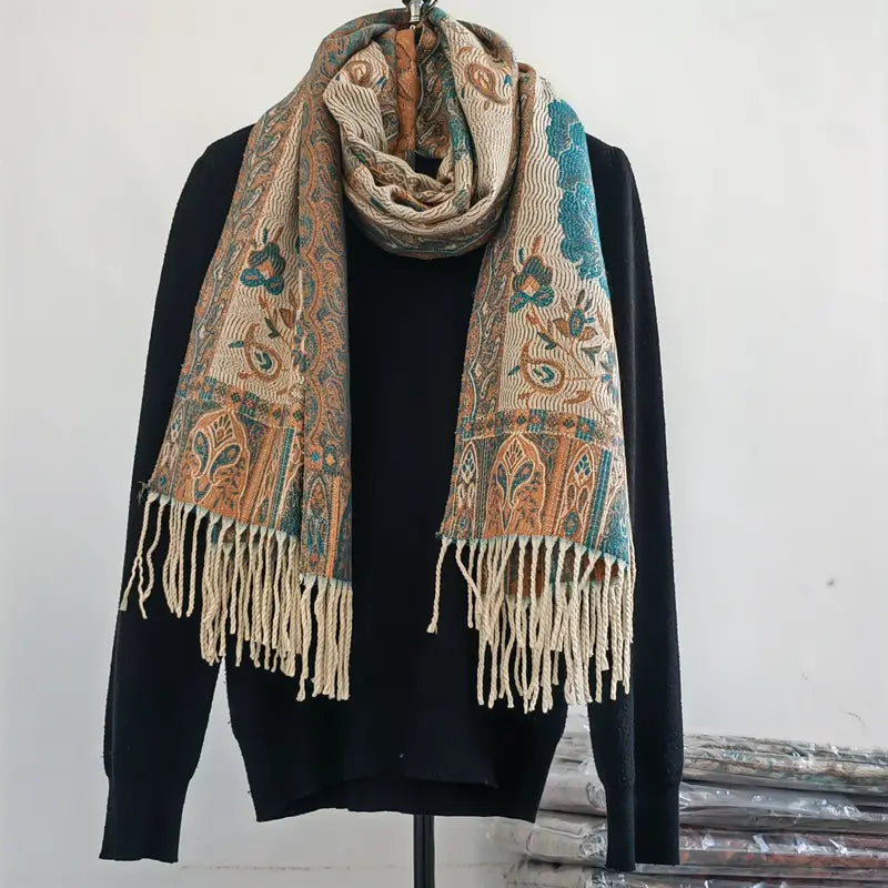 Shop Vintage Paisley Jacquard Tassel Scarf in Grey by Malbusaat, versatile Scarves at Malbusaat. Ready-made desi suits, Pakistani designer dresses online UK.