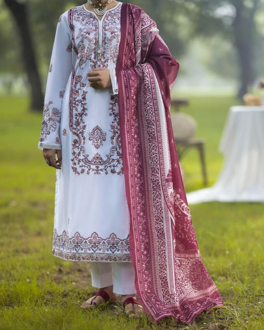 White Linen 3-Piece Suit in - Pakistani Dresses by Malbusaat