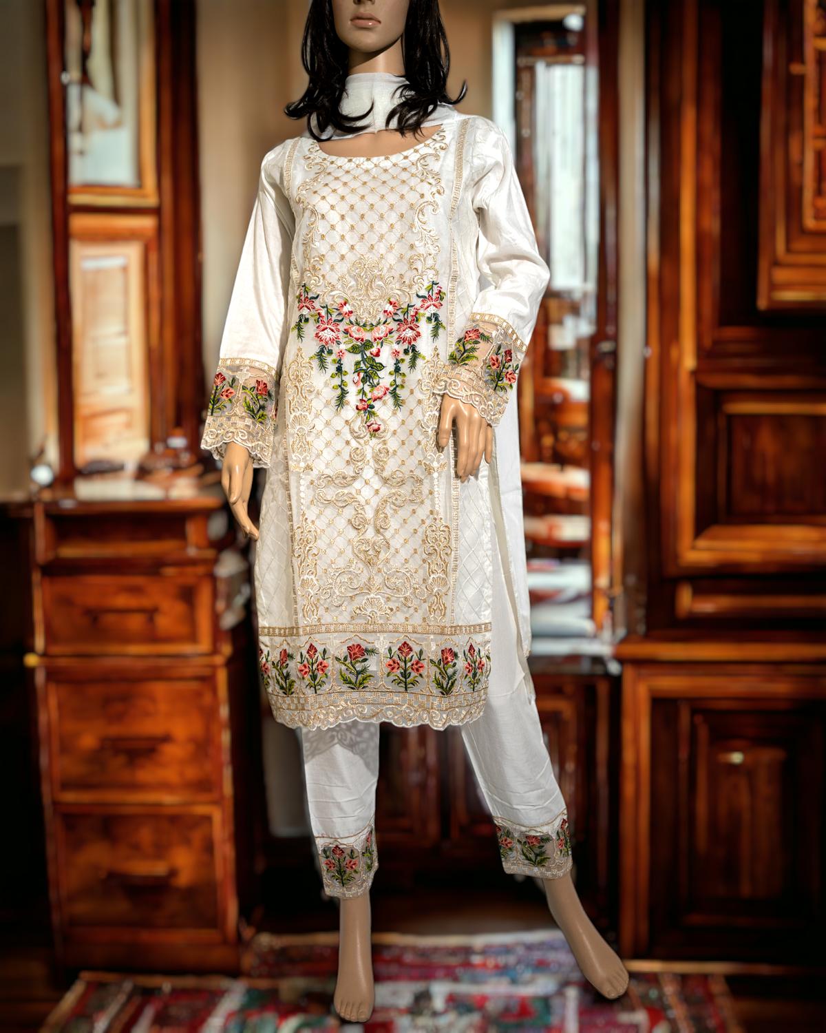 Shop White Semi-Formal Dress by Malbusaat, versatile Pakistani Dress at Malbusaat. Ready-made desi suits, Pakistani designer dresses online UK.