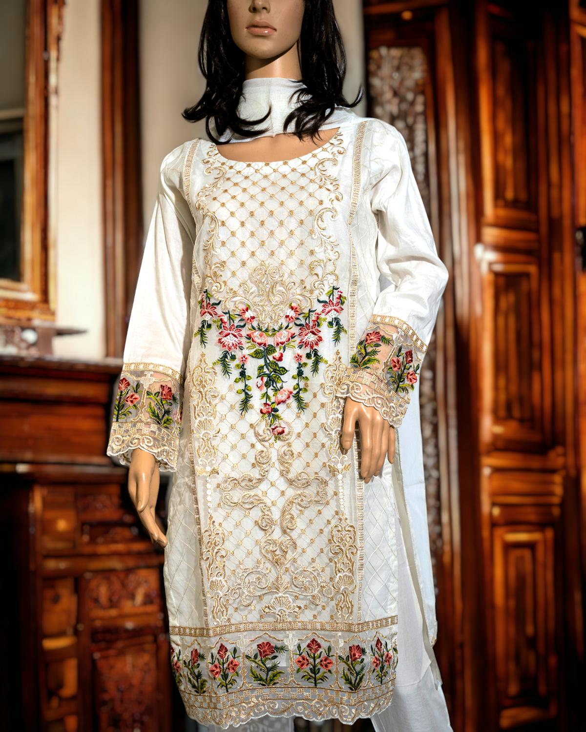 Shop White Semi-Formal Dress by Malbusaat, versatile Pakistani Dress at Malbusaat. Ready-made desi suits, Pakistani designer dresses online UK.