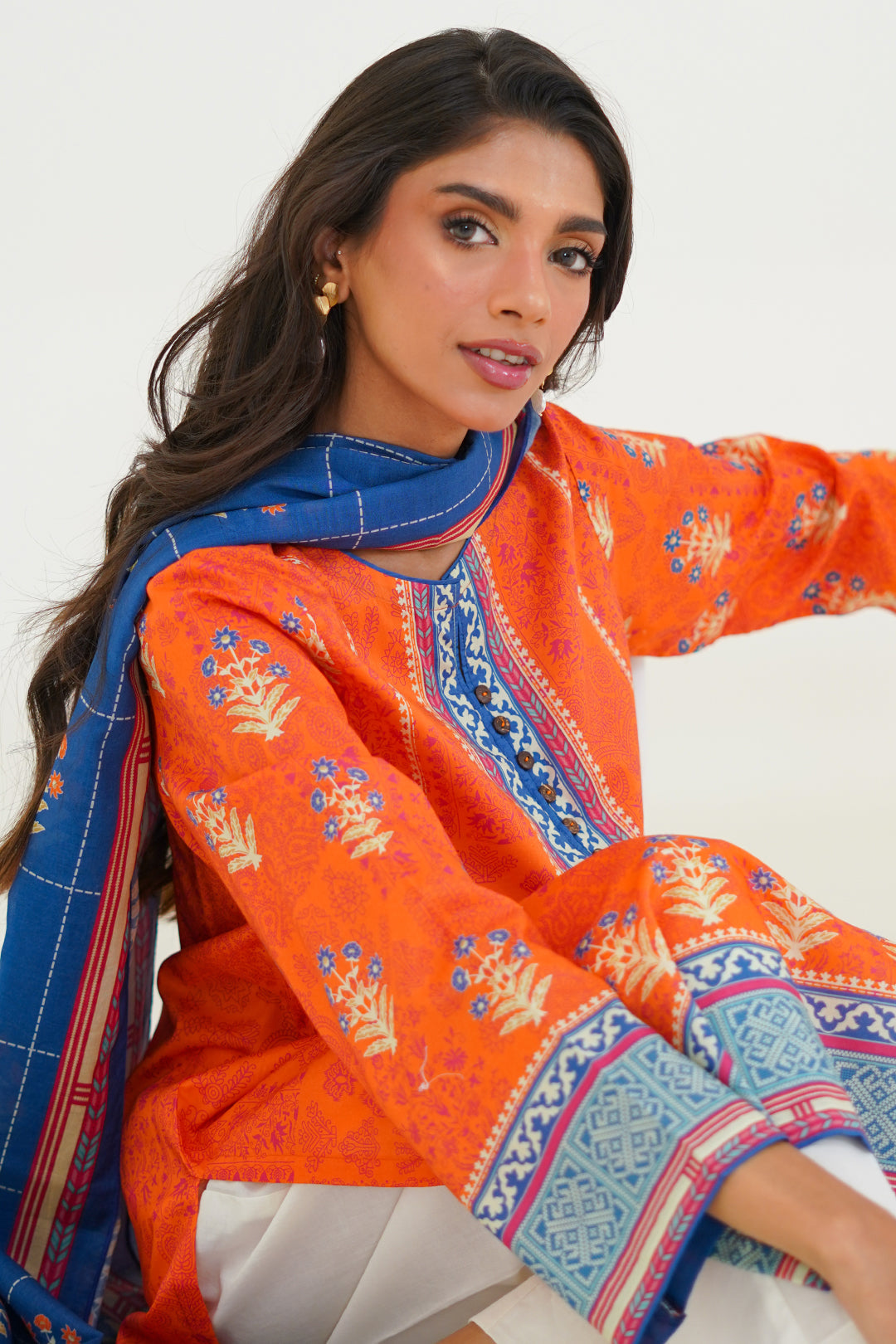 Orange & Blue Ethnic Kurta in - Pakistani Dresses by Malbusaat