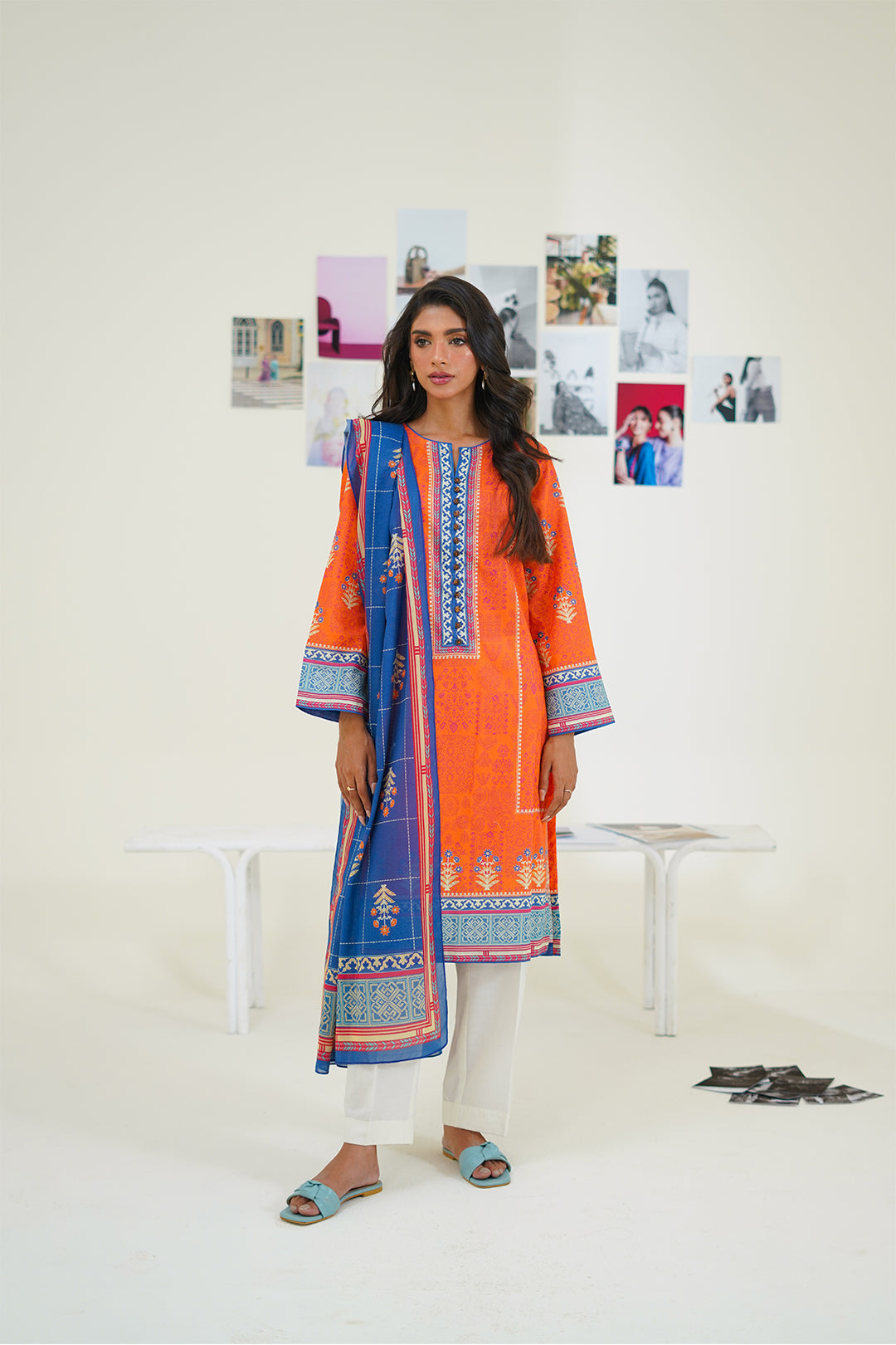 Orange & Blue Ethnic Kurta in - Pakistani Dresses by Malbusaat