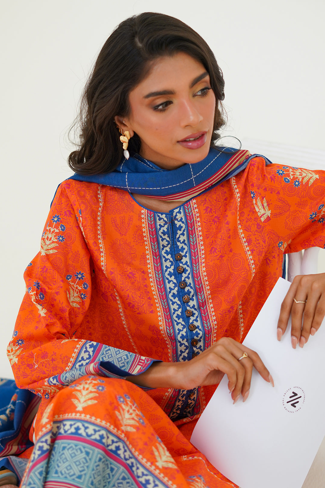 Orange & Blue Ethnic Kurta in - Pakistani Dresses by Malbusaat